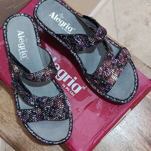 Alegria Multicolor Metallic Snake Print Sandals